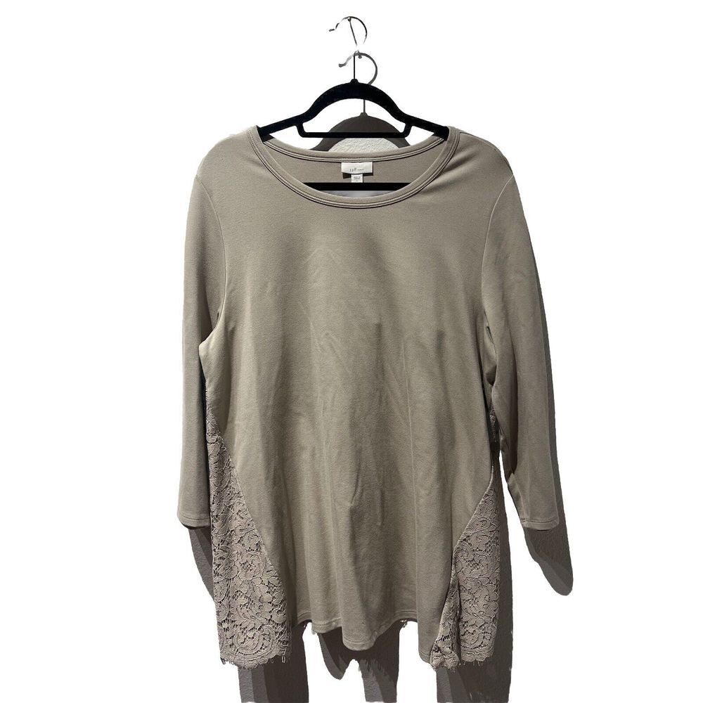 J‎ Jill Top Ponte Knit Tunic Beige 3/4 Sleeves Lace Back Womens Size L